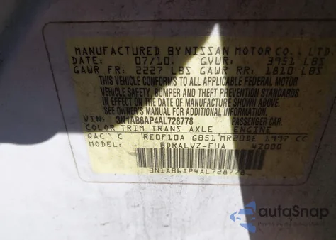 2010 Nissan Sentra 2.0Sl from USA, damaged, VIN 3N1AB6AP4AL728778